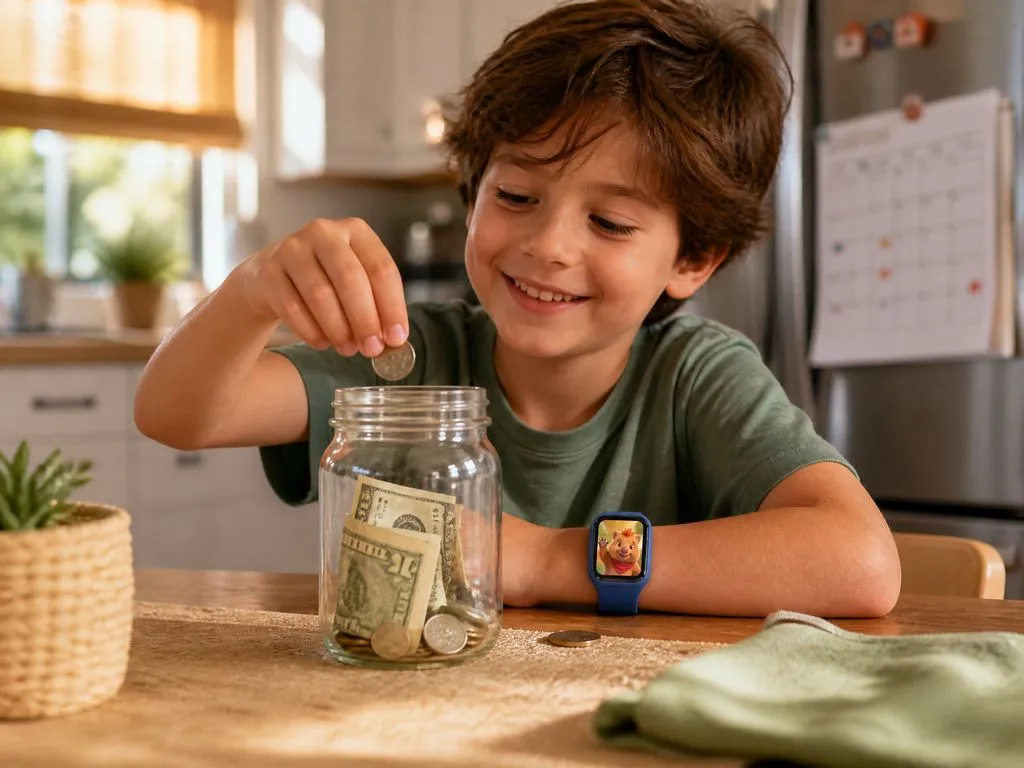 A child dropping a coin into a wombat-shaped piggy bank