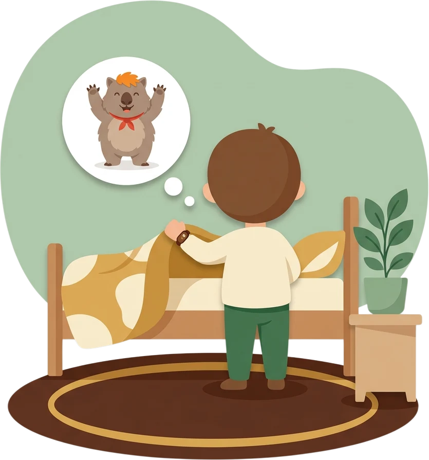 Child making the bed, imagining their cheering wombat
