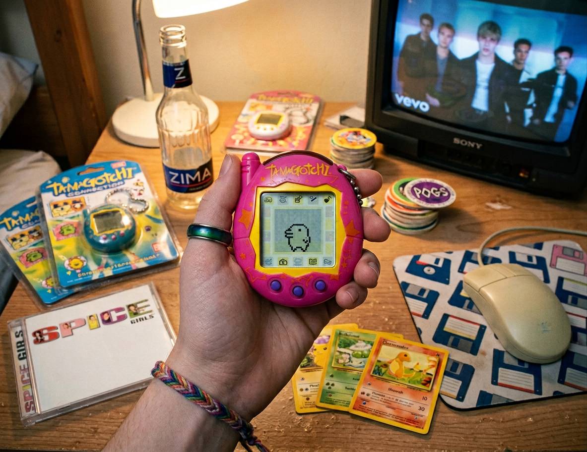 A 90s pocket pet next to the Wombud™ band